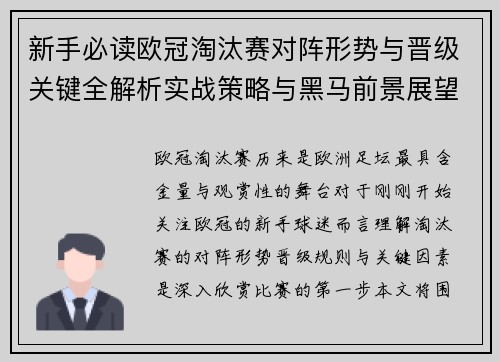 新手必读欧冠淘汰赛对阵形势与晋级关键全解析实战策略与黑马前景展望